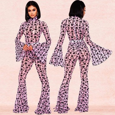 Adogirl Floral Print Mesh Two Piece Set Turtleneck Flare Long Sleeve Bodysuit Fashion Tops Foot Cut Pants Casual Slim Suit